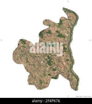 Rezina, district of Moldova. Sentinel-2 satellite imagery. Shape isolated on white. Description, location of the capital. Contains modified Copernicus Stock Photo