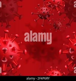 Seamless coronavirus flu background. Danger public health risk disease. Influenza outbreak. Seamless vector design of COVID-19 virus cells in red. Stock Vector