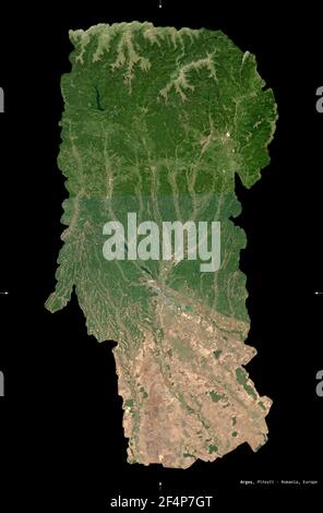 Arges, county of Romania. Sentinel-2 satellite imagery. Shape isolated on black. Description, location of the capital. Contains modified Copernicus Se Stock Photo