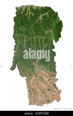 Arges, county of Romania. Sentinel-2 satellite imagery. Shape isolated on white. Description, location of the capital. Contains modified Copernicus Se Stock Photo