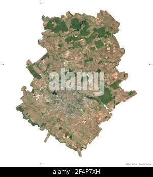 Ilfov, county of Romania. Sentinel-2 satellite imagery. Shape isolated on white. Description, location of the capital. Contains modified Copernicus Se Stock Photo