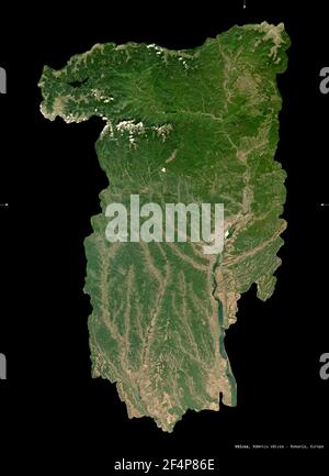 Valcea, county of Romania. Sentinel-2 satellite imagery. Shape isolated on black. Description, location of the capital. Contains modified Copernicus S Stock Photo