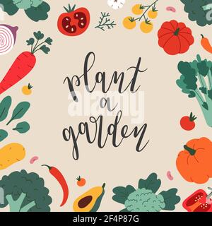 Plant a garden lettering, vector frame with illustrations of farmers market eco product, organic vegetables. Square vector template Stock Vector