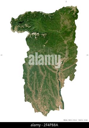 Valcea, county of Romania. Sentinel-2 satellite imagery. Shape isolated on white. Description, location of the capital. Contains modified Copernicus S Stock Photo