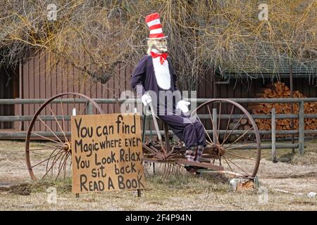 A home-grown version of Dr. Seuss's Cat In The Hat character, erected in a field near Sisters, Oregon. Stock Photo