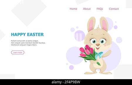 Happy Easter greeting card. Cute little bunny holding a bouquet of tulips. Cartoon character rabbit. Stock vector illustration, usable for website, la Stock Vector