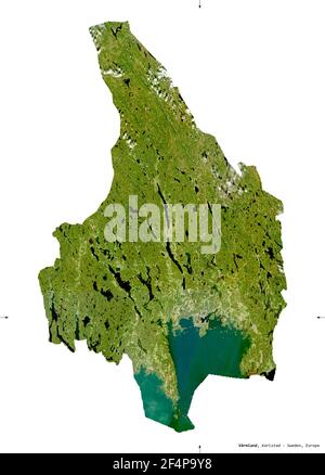 Varmland, county of Sweden. Sentinel-2 satellite imagery. Shape isolated on white. Description, location of the capital. Contains modified Copernicus Stock Photo