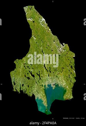 Varmland, county of Sweden. Sentinel-2 satellite imagery. Shape isolated on black. Description, location of the capital. Contains modified Copernicus Stock Photo