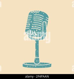 Retro microphone on the stand. Podcast show cover. Vector hand drawn style. EPS 10 Stock Vector