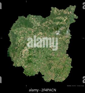 Chernihiv, region of Ukraine. Sentinel-2 satellite imagery. Shape isolated on black. Description, location of the capital. Contains modified Copernicu Stock Photo