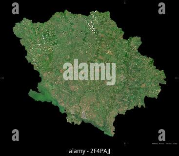 Poltava, region of Ukraine. Sentinel-2 satellite imagery. Shape isolated on black. Description, location of the capital. Contains modified Copernicus Stock Photo