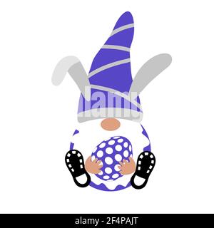 Easter Gnome with easter egg on white background. Scandinavian Nordic Gnome with bunny ears. Cute gnomes collection. Sitting dwarf for Easter greeting Stock Vector