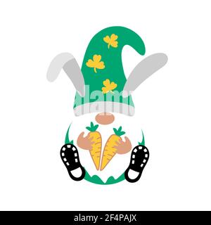 Easter gnome with carrots for ester bunny on white background. Scandinavian Nordic Gnome with bunny ears. Cute gnomes collection. Sitting for Easter Stock Vector
