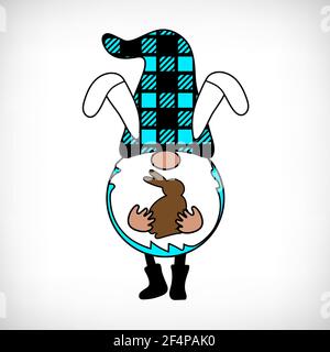 Buffalo Plaid Gnome with bunny ears and chocolate rabbit. Scandinavian Nordic Gnome with buffalo plaid hat. Cute Easter gnomes in checkered texture Stock Vector