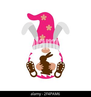 Easter Gnome with easter chocolate rabbit on white background. Scandinavian Nordic Gnome with bunny ears. Cute gnomes collection. Sitting dwarf for Stock Vector