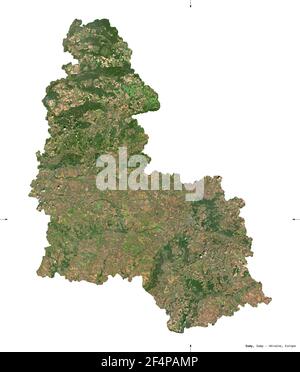 Sumy, region of Ukraine. Sentinel-2 satellite imagery. Shape isolated on white. Description, location of the capital. Contains modified Copernicus Sen Stock Photo