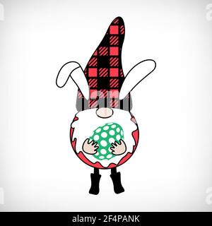 Buffalo Plaid Gnome on white background. Scandinavian Nordic Gnome with buffalo plaid hat. Cute gnomes in checkered patterned costume. Funny vector Stock Vector
