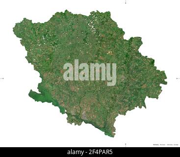 Poltava, region of Ukraine. Sentinel-2 satellite imagery. Shape isolated on white. Description, location of the capital. Contains modified Copernicus Stock Photo