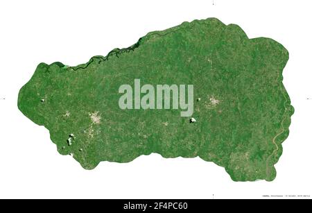 Cabanas, department of El Salvador. Sentinel-2 satellite imagery. Shape isolated on white solid. Description, location of the capital. Contains modifi Stock Photo