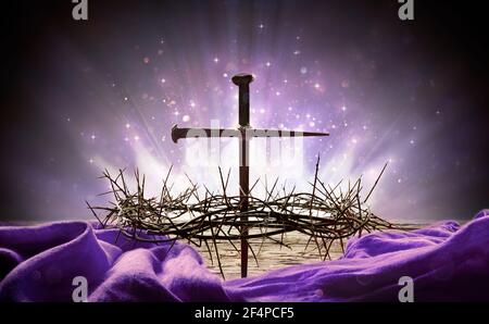 Wreath Of Thorns With King Crown Lights - Passion And Resurrection Concept Stock Photo