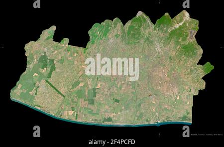 Escuintla, department of Guatemala. Sentinel-2 satellite imagery. Shape isolated on black. Description, location of the capital. Contains modified Cop Stock Photo