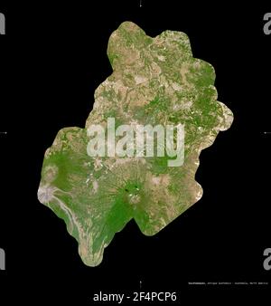 Sacatepequez, department of Guatemala. Sentinel-2 satellite imagery. Shape isolated on black. Description, location of the capital. Contains modified Stock Photo