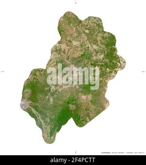 Sacatepequez, department of Guatemala. Sentinel-2 satellite imagery. Shape isolated on white solid. Description, location of the capital. Contains mod Stock Photo