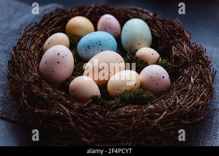 Close up wicker nest with moss and colored Easter eggs on gray linen fabric napkin on dark background. Dark mood style. Happy Easter holiday Stock Photo