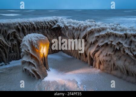 Strange Ice Formations on Pier in Lake Erie Winter Storm Stock Photo