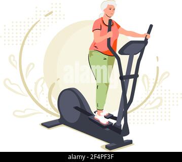 Active senior woman on elliptical cross trainer at home. Lifestyle sport activities in old age. Sportive grandmother on training machine, active Stock Vector