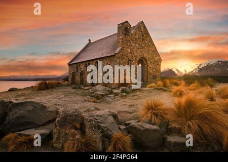 Church of The Good Shepherd at sunrise on a frosty morning. This iconic church is located on the shore of Lake Tekapo, the South Island of New Zealand. Stock Photo