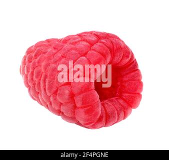 Raspberry isolated on white background. Berry macro isolate studio shot. Closeup for packaging design. Whole single raspberry close up cutout. Stock Photo