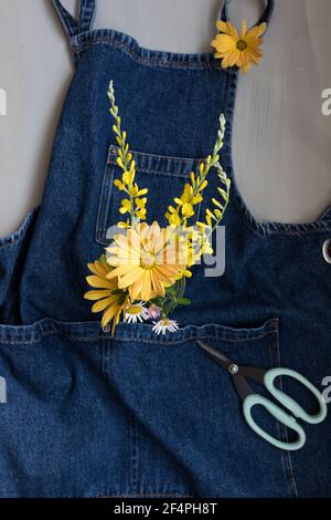 Overhead view of a denim apron with some daisies inside the main pocket and some other flowers all around. Stock Photo
