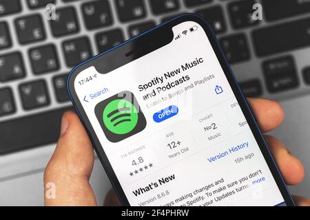 Kharkov, Ukraine - March 10, 2021: Spotify mobile app icon, llogo on the screen Stock Photo