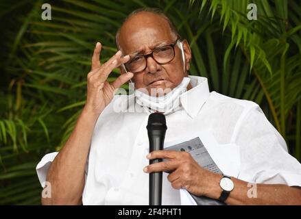 New Delhi, India. 22nd Mar, 2021. NEW DELHI, INDIA - MARCH 22: NCP Chief Sharad Pawar addresses a press conference at his residence on allegations against Maharashtra home minister Anil Deshmukh on March 22, 2021 in New Delhi, India. Claiming that the allegations of bribery made by former Mumbai police commissioner Param Bir Singh against home minister Anil Deshmukh were false, Sharad Pawar reiterated that they will back the minister and not seek his resignation over the controversy. (Photo by Arvind Yadav/Hindustan Times/Sipa USA) Credit: Sipa USA/Alamy Live News Stock Photo