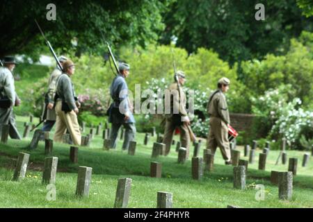 The Old City Cemetery, Lynchburg, VA, USA. Civil War reenactors in the Confederate Cemetery. Stock Photo