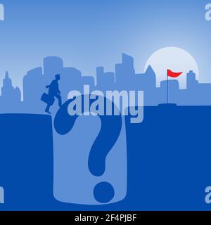 businessman with his suitcase walking across question mark to red flag in blue gradient shade background illustration vector. Problem solution busines Stock Vector