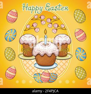 Happy Easter. Cakes and colored eggs with ornament. Traditional decorated pie. Painted eggshell and kulich food. Spring holiday symbol. Greeting card Stock Vector