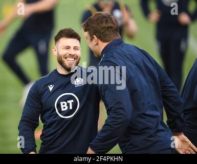 Oriam Sports Centre Riccarton, Edinburgh. Scotland UK.22nd March 21.  Scotland Rugby Squad training session for the upcoming 2021 Guinness Six Nation match away to France. L/r Ali Price  (Glasgow Warriors) of Scotland Sam Skinner  (Exeter Chiefs) of Scotland Stock Photo