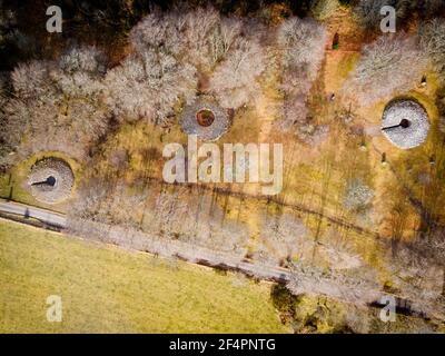 A birds-eye view of the Clava Cairns near Culloden on the southern edge of Inverness. Stock Photo