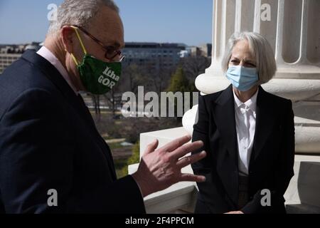 United States Senate Sergeant At Arms Karen Gibson looks on while speaking with US Senate Majority Leader Chuck Schumer (Democrat of New York), on Capitol Hill, in Washington, Monday, March 22, 2021.Credit: Graeme Jennings/Pool via CNP/MediaPunch Stock Photo