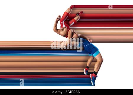 Illustration of reception in Greco-Roman wrestling. Back bend throw with dynamic stripes on white isolated background. Stock Photo