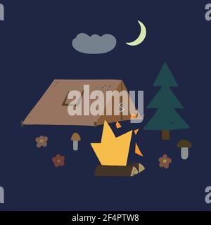 Illustration of camping tent and fire in simple cartoon doodle style. Stock Vector