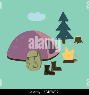Illustration of camping tent and fire in simple cartoon doodle style. Stock Vector