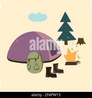 Illustration of camping tent and fire in simple cartoon doodle style. Stock Vector
