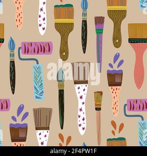 Cute colorful doodle hand drawn seamless pattern with paint brushes and rollers. Stock Vector