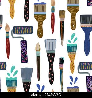 Cute colorful doodle hand drawn seamless pattern with paint brushes and rollers. Stock Vector