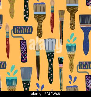 Cute colorful doodle hand drawn seamless pattern with paint brushes and rollers. Stock Vector