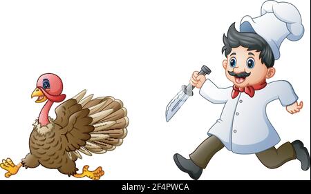Vector illustration of Cartoon chef chasing a turkey Stock Vector