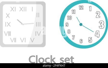 A set of modern clocks on the wall. The clock is square with Roman numerals and Arabic numerals. Flat vector illustration Stock Vector